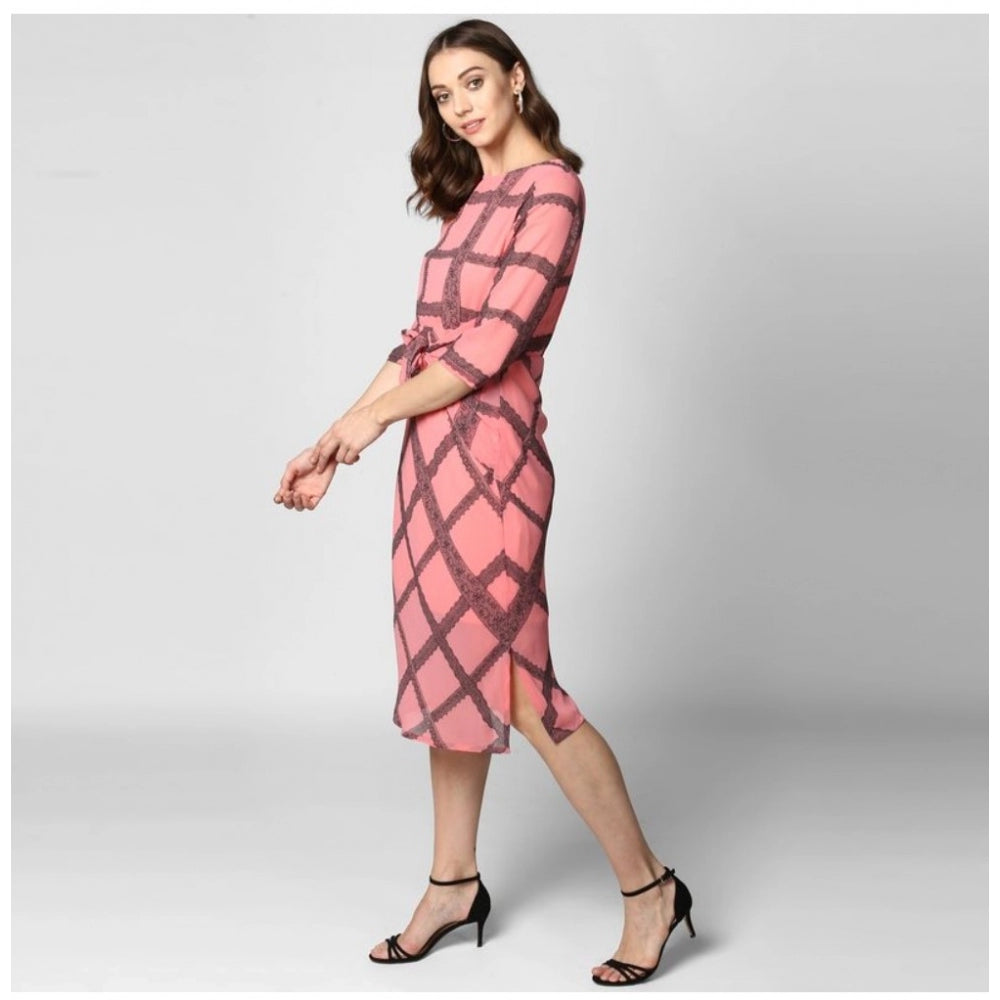 Generic Women's Polyester Checkered 3-4th Sleeves Below Knee Dress (Pink - Black)