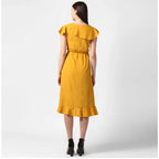 Generic Women's Polyester Ruffled Cap Sleeve Knee-Length Dress (Yellow)