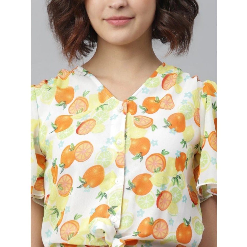 Generic Women's Polyester Printed Flutter Above Knee Dress (Orange - Yellow)