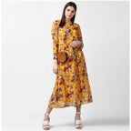 Generic Women's Polyester Floral Long Sleeves Calf-length Dress (Yellow)