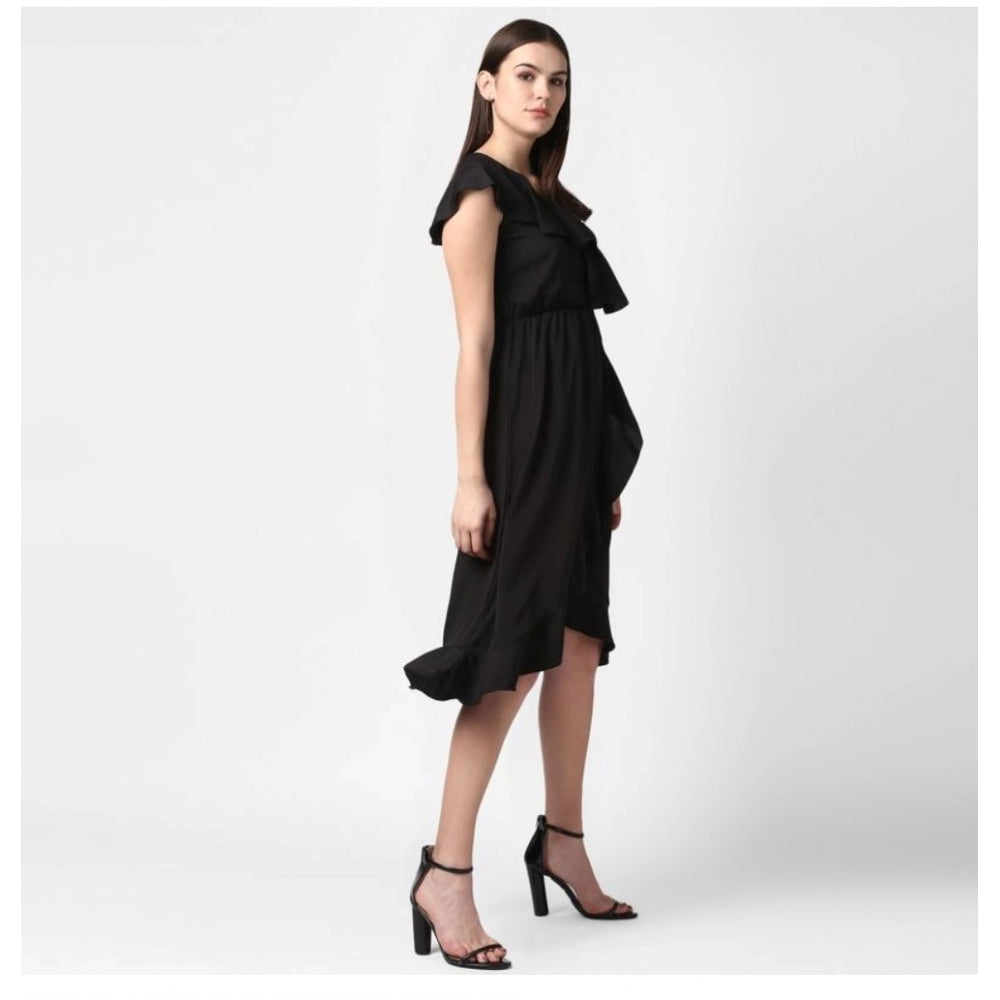 Generic Women's Polyester Ruffled Cap Sleeve Knee-Length Dress (Black)