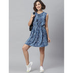 Generic Women's Rayon Tie &amp; Dye Sleeveless Above Knee Dress (Blue)