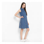 Generic Women's Denim Solid Sleeveless Above Knee Dress (Blue)