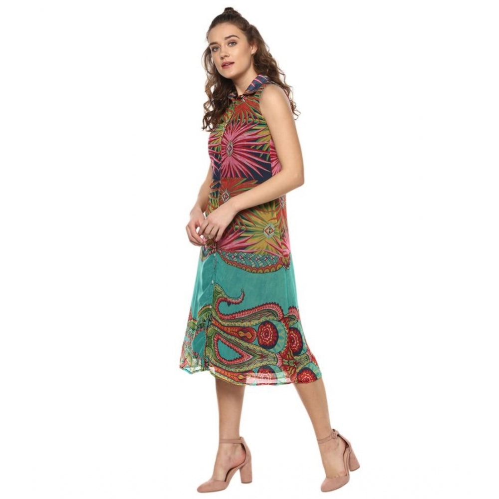 Generic Women's Polyester Floral Sleeveless Below Knee Dress (Multicolor)