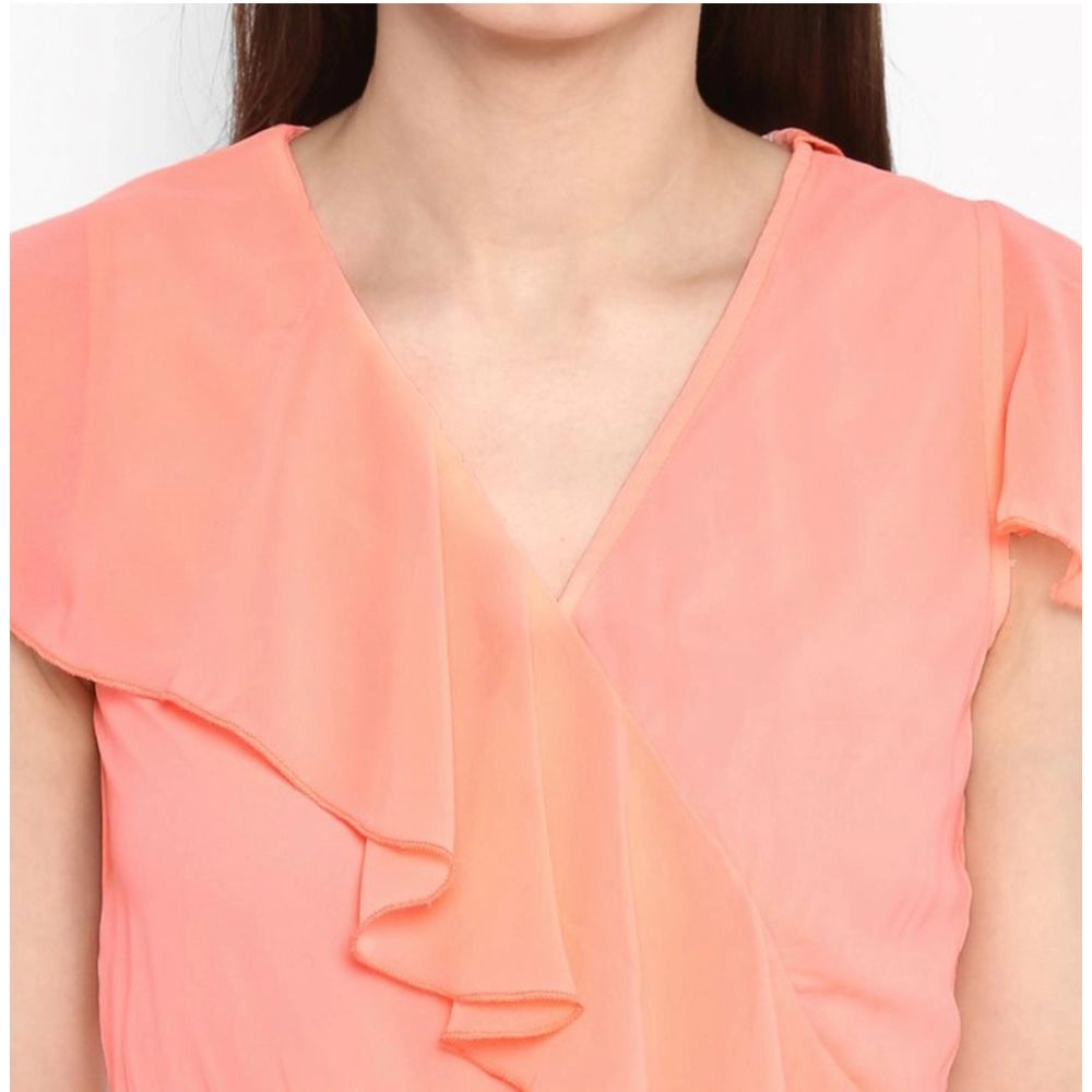 Generic Women's Polyester Ruffled Cap Sleeve Below Knee Dress (Neon Pink)