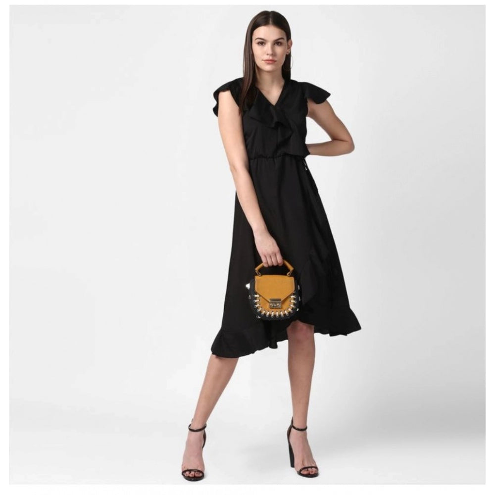 Generic Women's Polyester Ruffled Cap Sleeve Knee-Length Dress (Black)