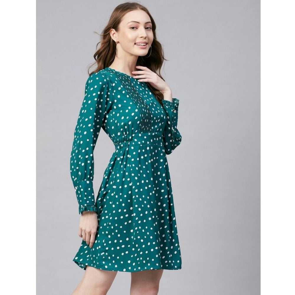 Generic Women's Polyester Polka Long Sleeves Above Knee Dress (Green - White)