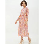 Generic Women's Polyester Printed Long Sleeves Calf-length Dress (Multicolor)