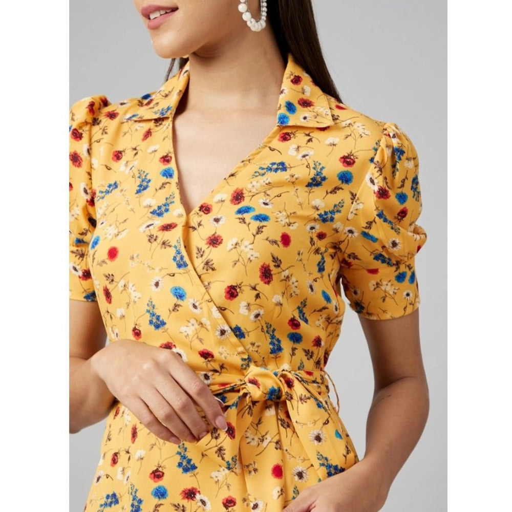 Generic Women's Polyester Floral Short Sleeve Above Knee Dress (Yellow)