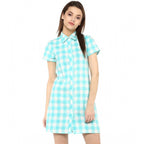 Generic Women's Rayon Checkered Short Sleeve Above Knee Dress (SkuBlue - White)