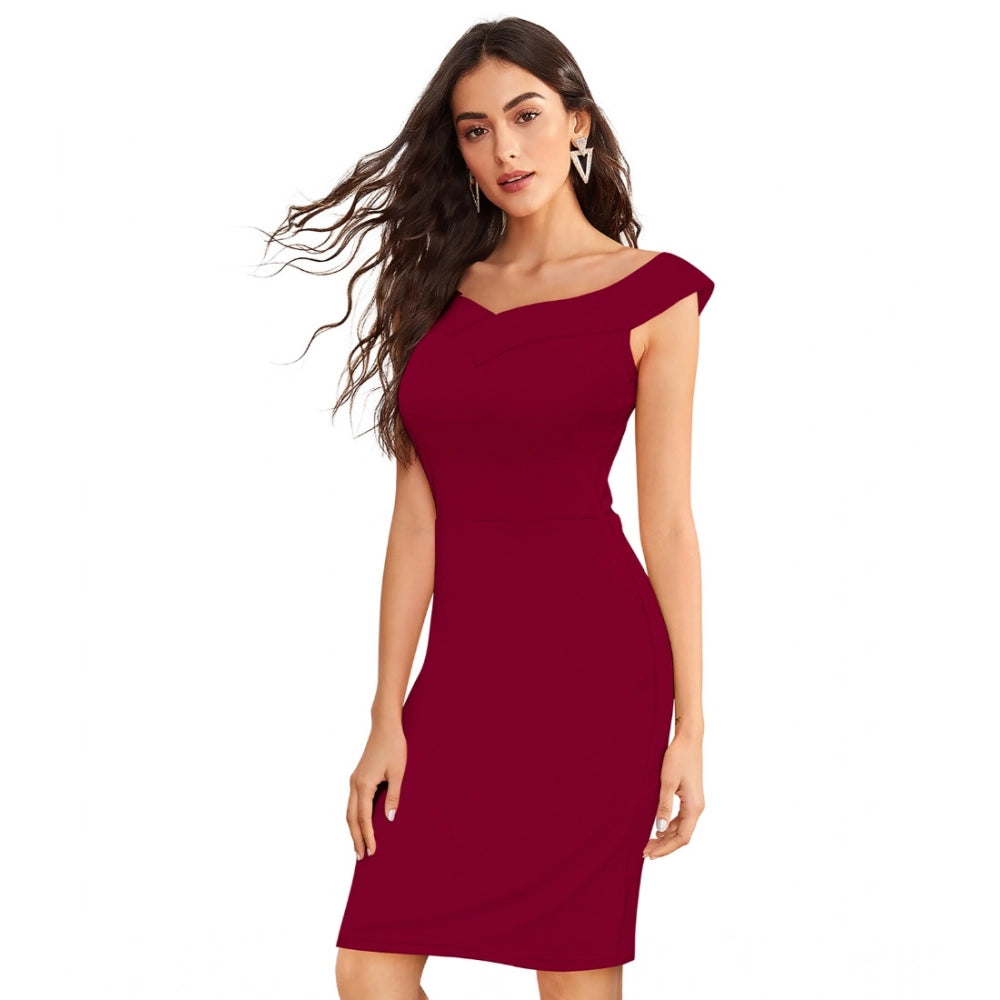 Generic Women's Knitting stretchable Solid Round Neck Sleeveless Dress (Maroon)