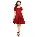 Generic Women's Polyester Solid V Neck Cap Sleeve Dress (Maroon)