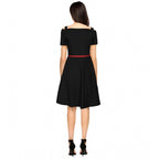 Generic Women's Polyester Solid V Neck Cap Sleeve Dress (Black)