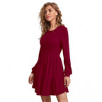 Generic Women's Knitting stretchable Solid Round Neck Full Sleeve Dress (Maroon)