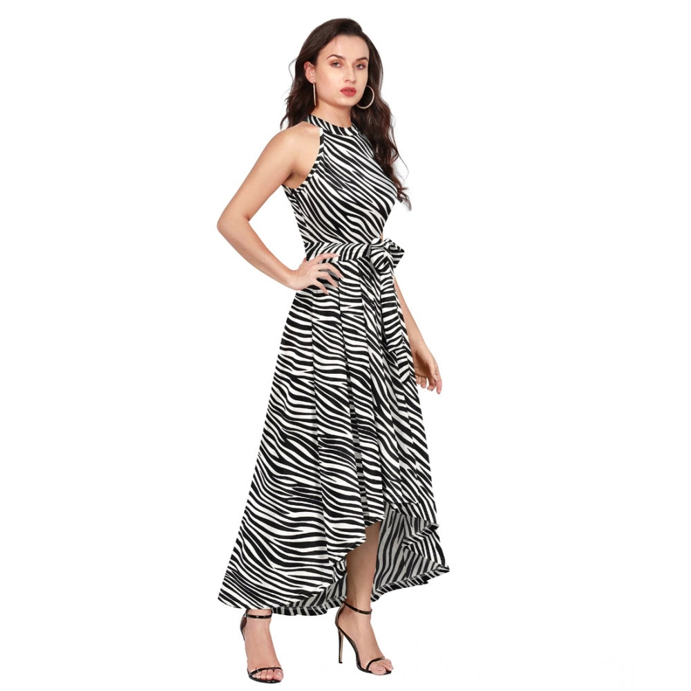 Generic Women's Polyester Zebra Pattern Halter Neck Sleeveless Dress (White)