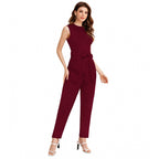 Generic Women's Knitting stretchable Solid Round Neck Sleeveless Jumpsuit (Maroon)
