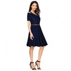 Generic Women's Polyester Solid V Neck Cap Sleeve Dress (Blue)