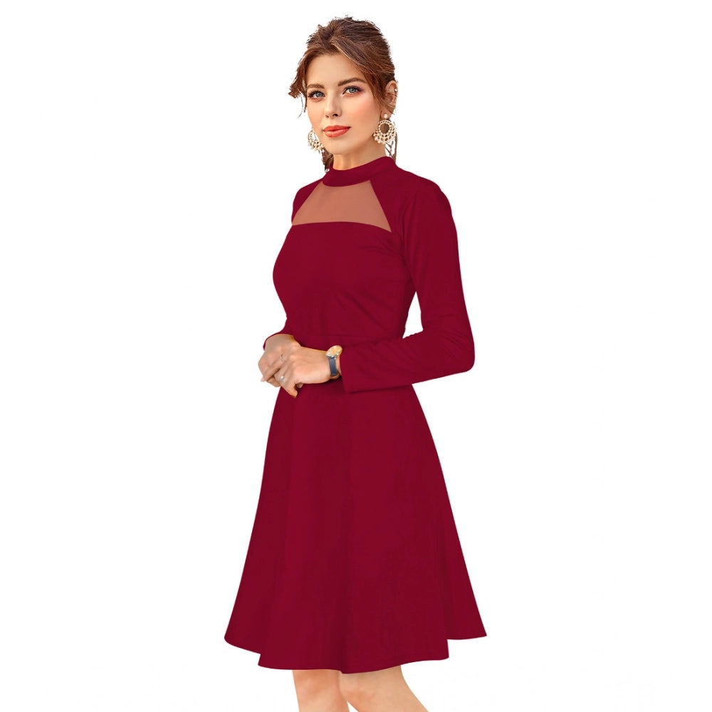 Generic Women's Knitting stretchable Solid Round Neck Full Sleeve Dress (Maroon)