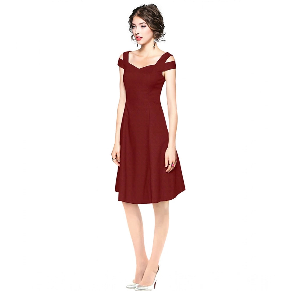 Generic Women's Polyester Solid V Neck Cap Sleeve off Shoulder Dress (Maroon)