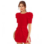 Generic Women's Knitting stretchable Solid Round Neck 3-4 Puff Sleeve Dress (Red )
