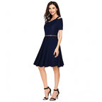 Generic Women's Polyester Solid V Neck Cap Sleeve Dress (Blue)