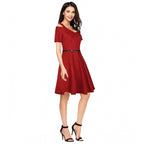 Generic Women's Polyester Solid V Neck Cap Sleeve Dress (Maroon)