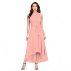 Generic Women's Polyster Solid Halter Neck Sleeveless Dress (Peach)