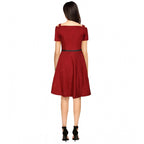 Generic Women's Polyester Solid V Neck Cap Sleeve Dress (Maroon)