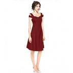 Generic Women's Polyester Solid V Neck Cap Sleeve off Shoulder Dress (Maroon)