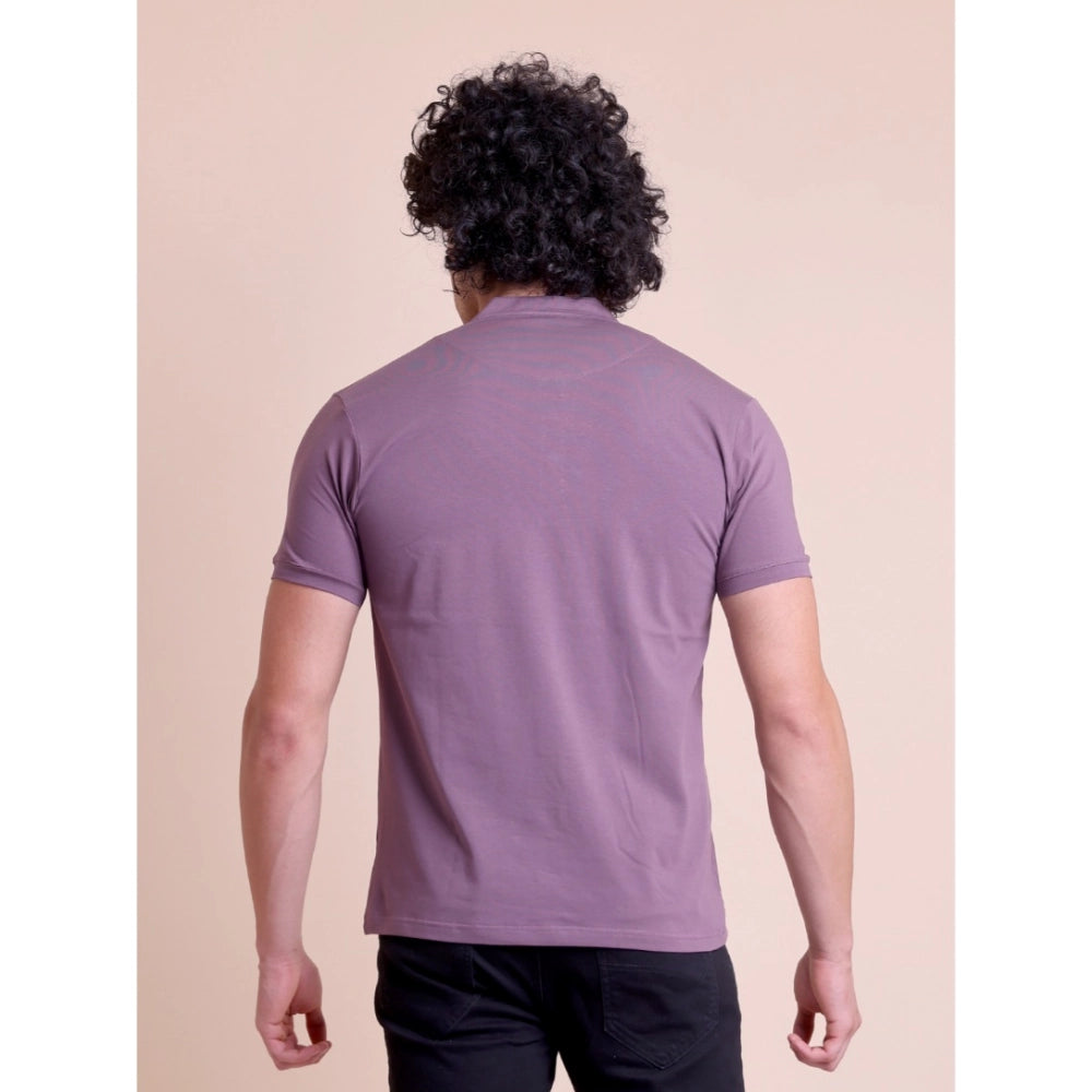 Generic Men's Casual Cotton Solid Half Sleeve Mandarin Collar T-Shirt (Berry)