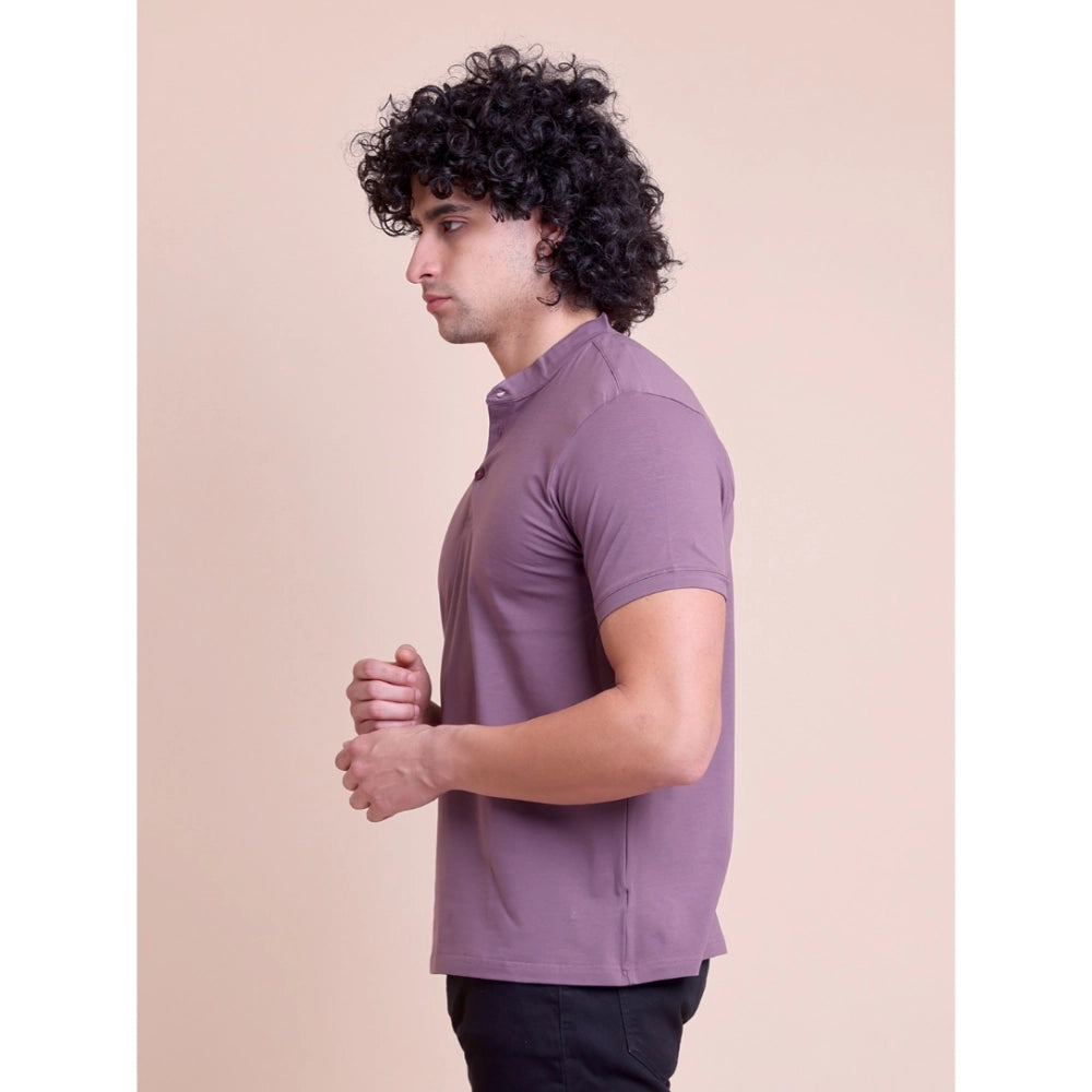 Generic Men's Casual Cotton Solid Half Sleeve Mandarin Collar T-Shirt (Berry)