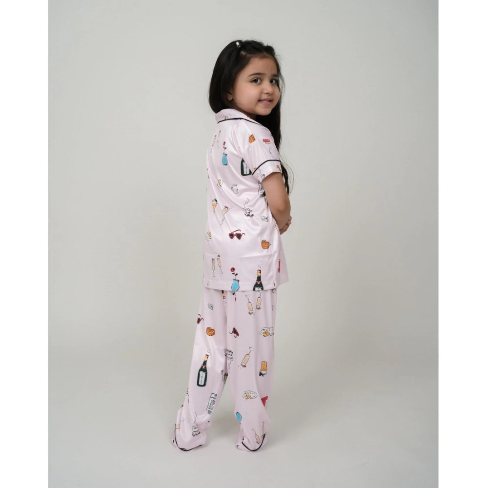 Generic Girl's Silk Bleand Printed Short Sleeve Night Suit Set (Light Pink)