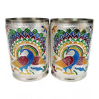 Generic Steel Meenakari Peacock Design Decorative Glass Set (Silver)