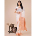 Generic Women's Linen Cotton Printed Saree With Unstitched Blouse 5.5Mtr (White)