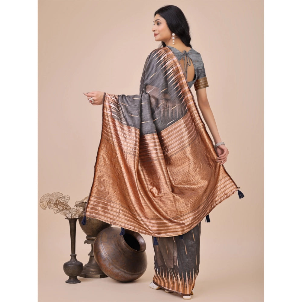Generic Women's Linen Cotton Printed Saree With Unstitched Blouse 5.5Mtr (Grey)