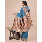 Generic Women's Linen Cotton Printed Saree With Unstitched Blouse 5.5Mtr (Blue)