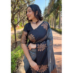 Generic Women's Silk Printed Saree With Unstitched Blouse 5.5Mtr (Grey)