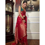Generic Women's Silk Printed Saree With Unstitched Blouse 5.5Mtr (Red)