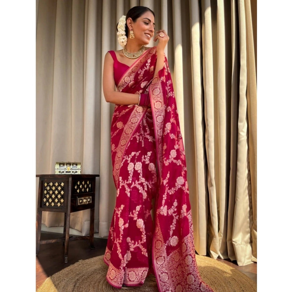 Generic Women's Silk Printed Saree With Unstitched Blouse 5.5Mtr (Pink)