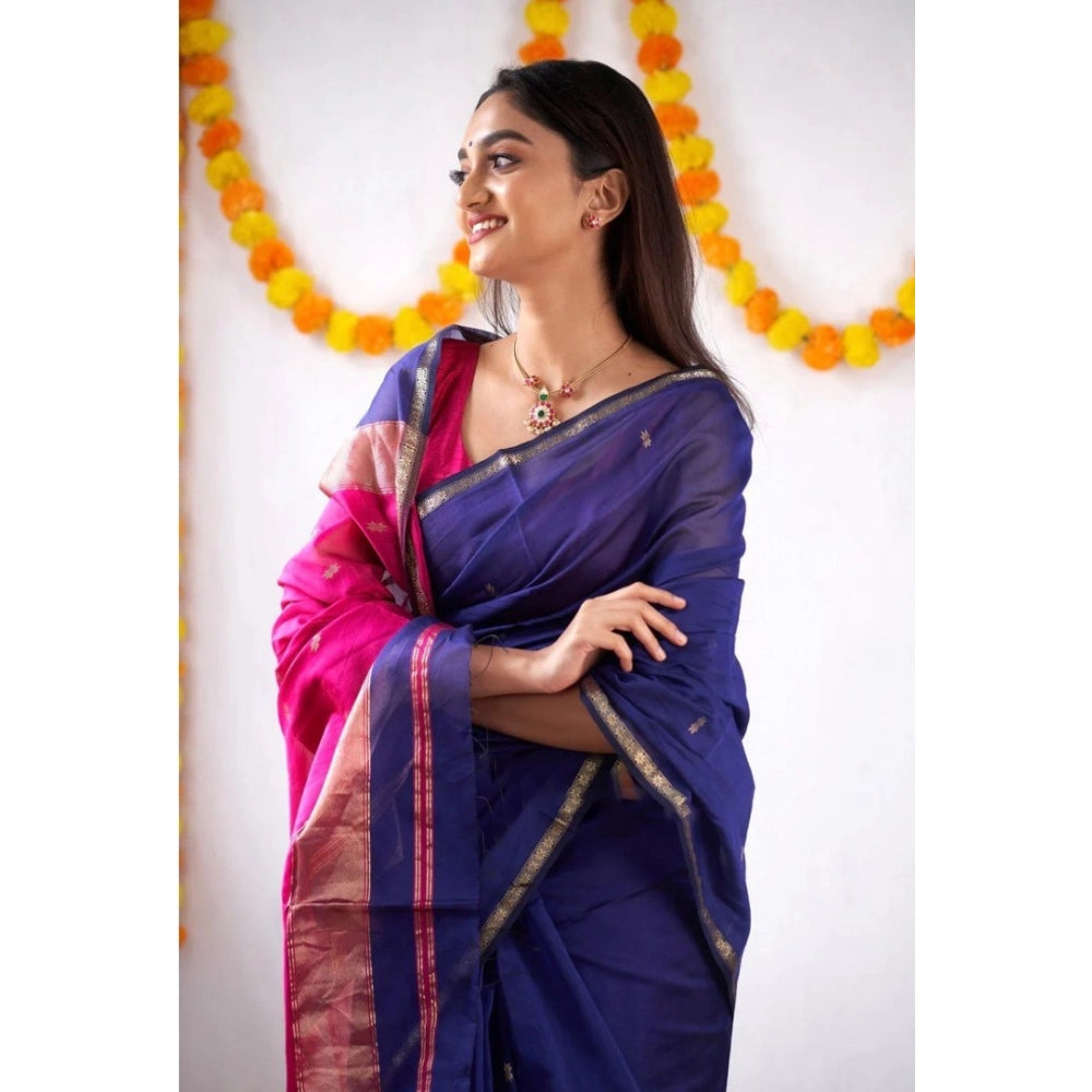 Generic Women's Cotton  Printed Saree With Unstitched Blouse 5.5Mtr (Blue)