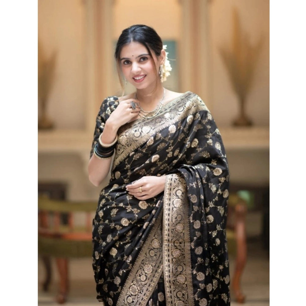 Generic Women's Silk Printed Saree With Unstitched Blouse 5.5Mtr (Black)