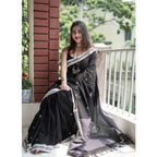 Generic Women's Cotton  Printed Saree With Unstitched Blouse 5.5Mtr (Black)