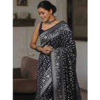 Generic Women's Silk Printed Saree With Unstitched Blouse 5.5Mtr (Navy Blue)