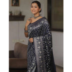 Generic Women's Silk Printed Saree With Unstitched Blouse 5.5Mtr (Navy Blue)