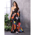 Generic Women's Small Lace Georgette Printed Ready-to-Wear Saree With Unstitched Blouse 5.5 Mtr (Black)