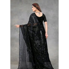 Generic Women's Georgette Embellished Sequnece Bollywood Saree With Unstitched Blouse 5.5Mtr (Black)