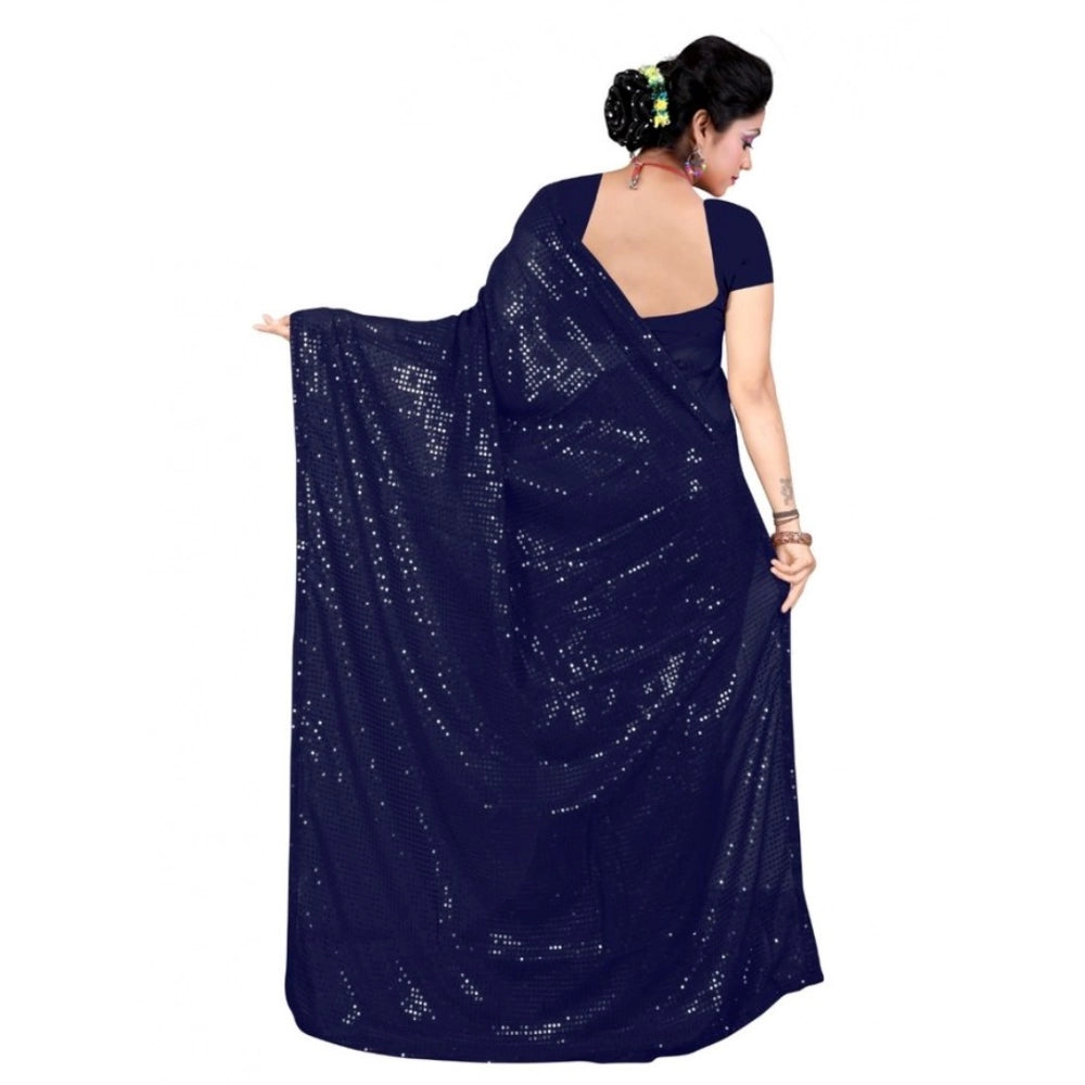 Generic Women's Georgette Embellished Sequnece Bollywood Saree With Unstitched Blouse 5.5Mtr (Blue)