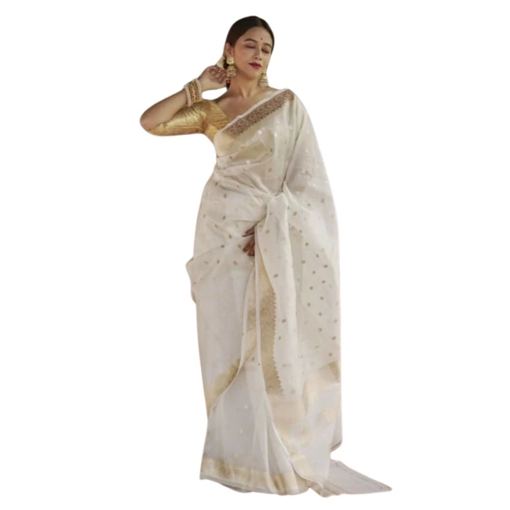 Generic Women's Cotton  Printed Saree With Unstitched Blouse 5.5Mtr (White)