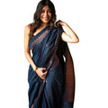 Generic Women's Silk Printed Saree With Unstitched Blouse 5.5Mtr (Navy Blue)