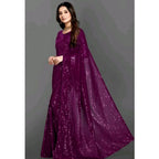 Generic Women's Georgette Embellished Sequnece Bollywood Saree With Unstitched Blouse 5.5Mtr (Purple)